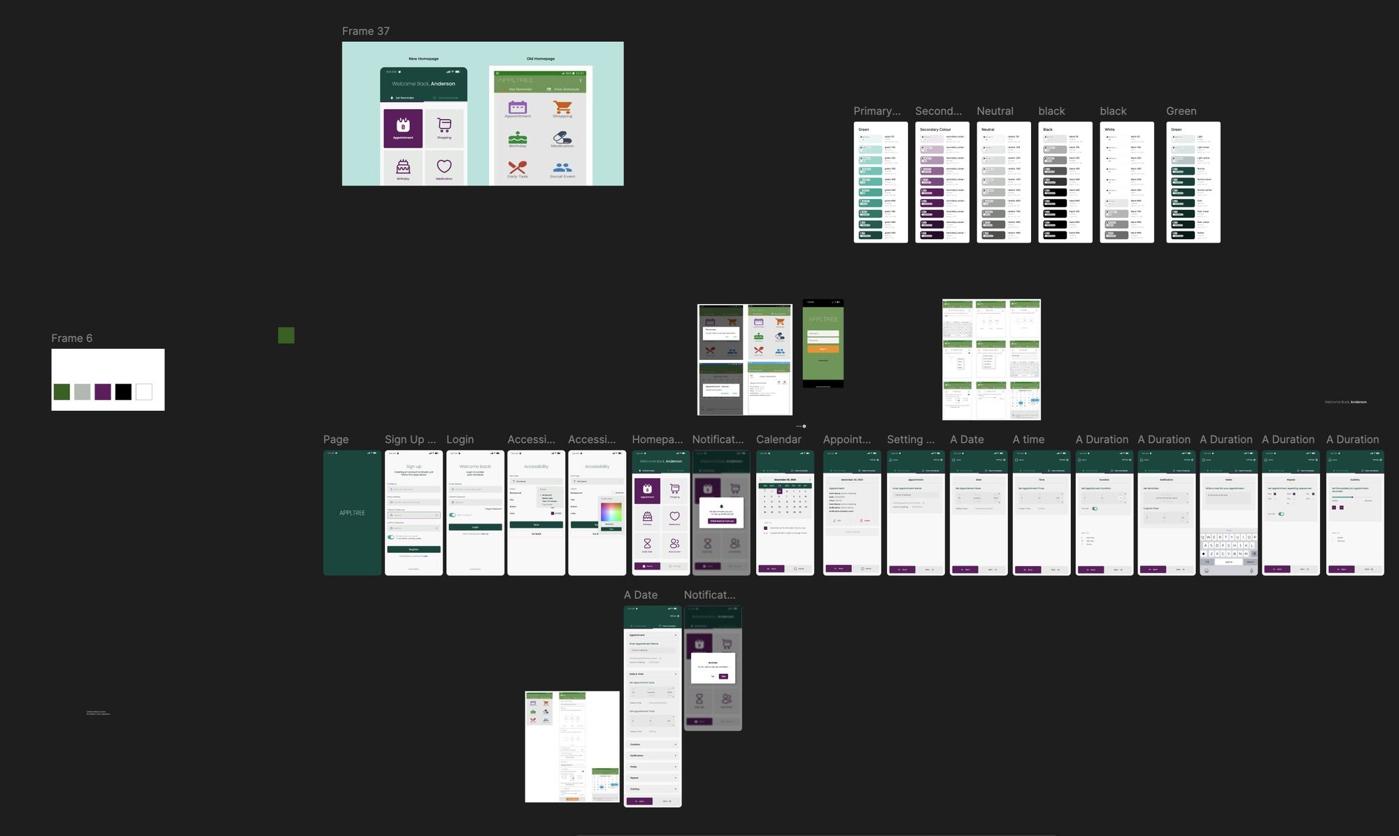 Figma workspace showing the full APPLTree redesign: colour palettes, homepage frames, and every screen in the Narrow/Deep and Broad/Shallow flows.