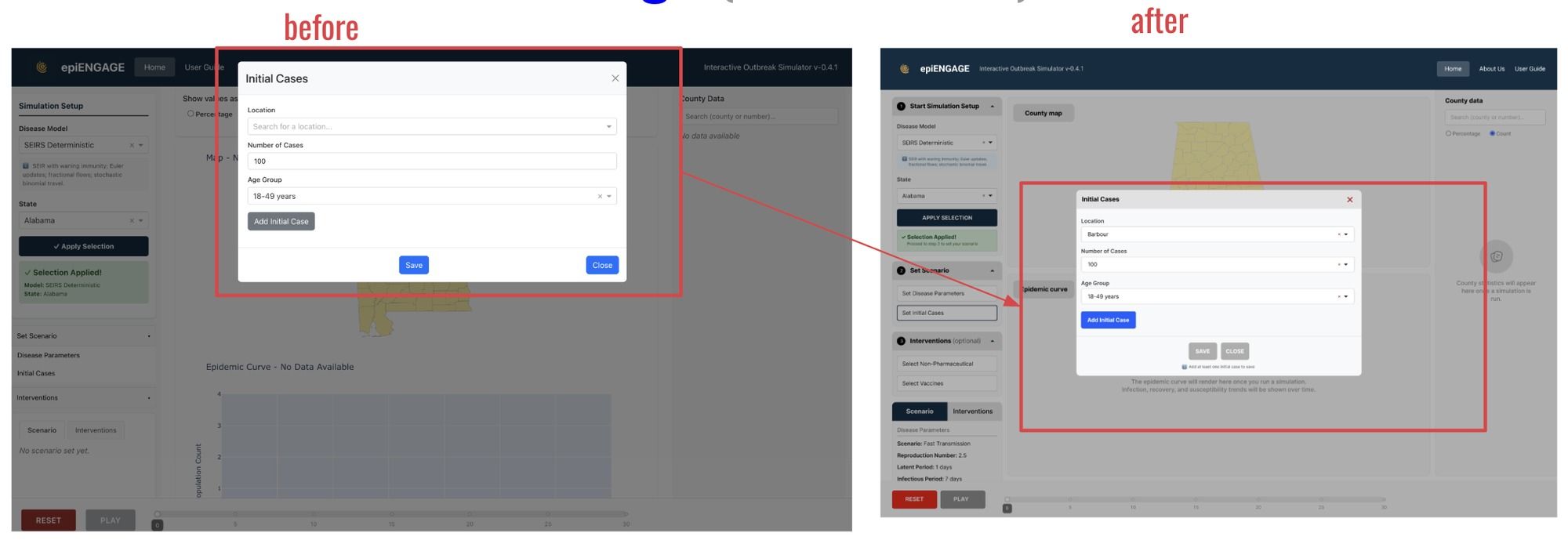 Before and after comparison: the original grey 'Add Initial Case' button that read as disabled, versus the redesigned blue primary action button with a helper message.