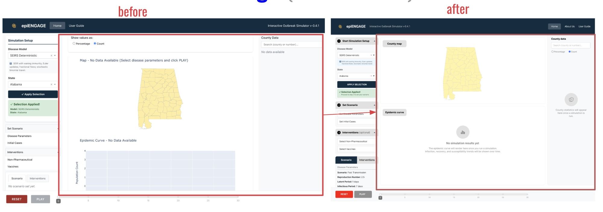 Before and after comparison: the original flat 'No Data Available' text labels, versus redesigned icon-based empty states with clear guidance.