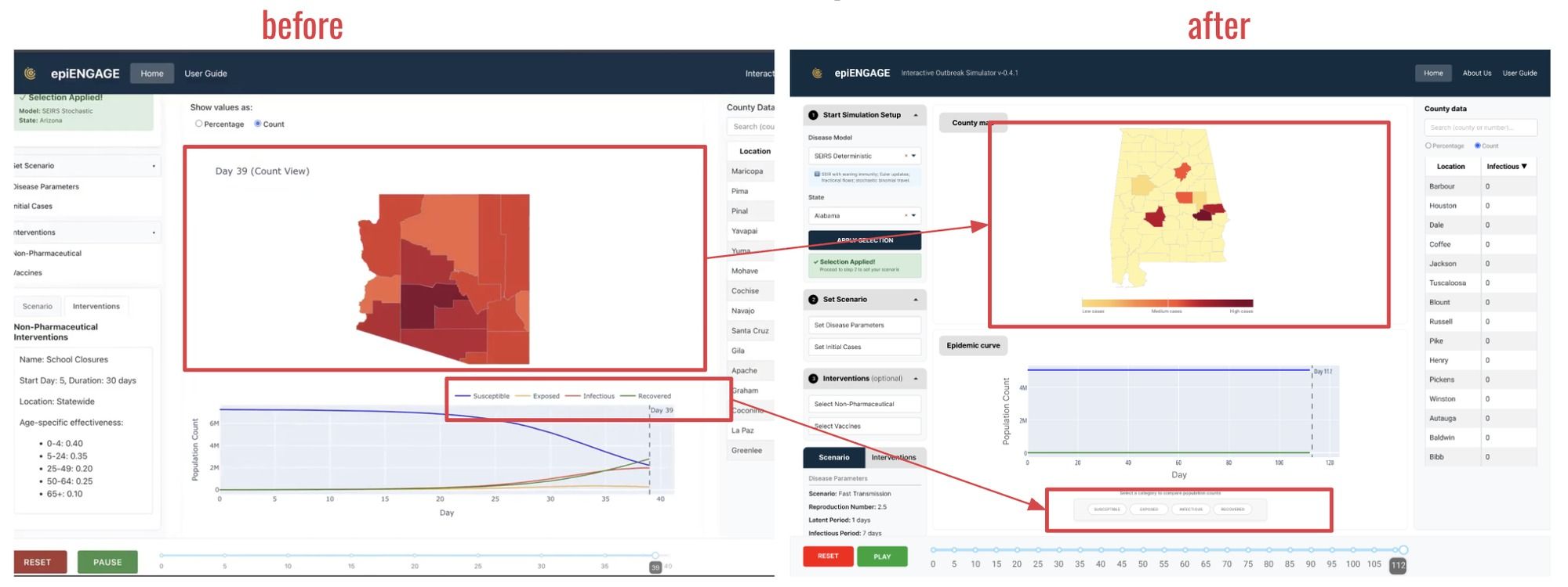 Before and after comparison: the original map with no color legend, versus the redesigned map with a low-to-high case color legend and labeled epidemic curve category pills.