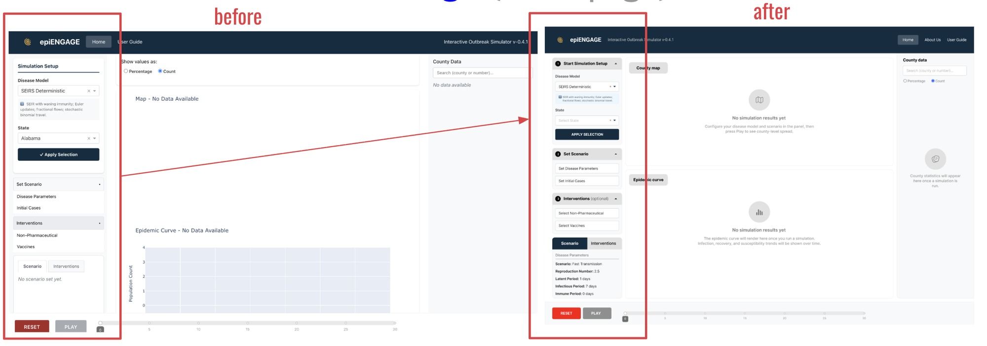 Before and after comparison: the original homepage with no numbered setup steps, versus the redesigned homepage with a numbered 1-2-3 setup flow.