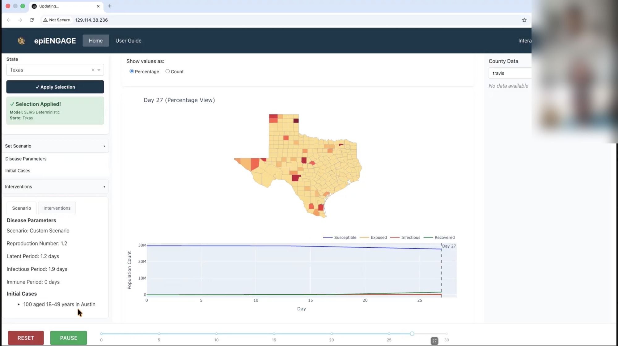 A moderated usability testing session showing a participant reviewing a Texas epidemic curve, with the participant's video feed blurred for privacy.