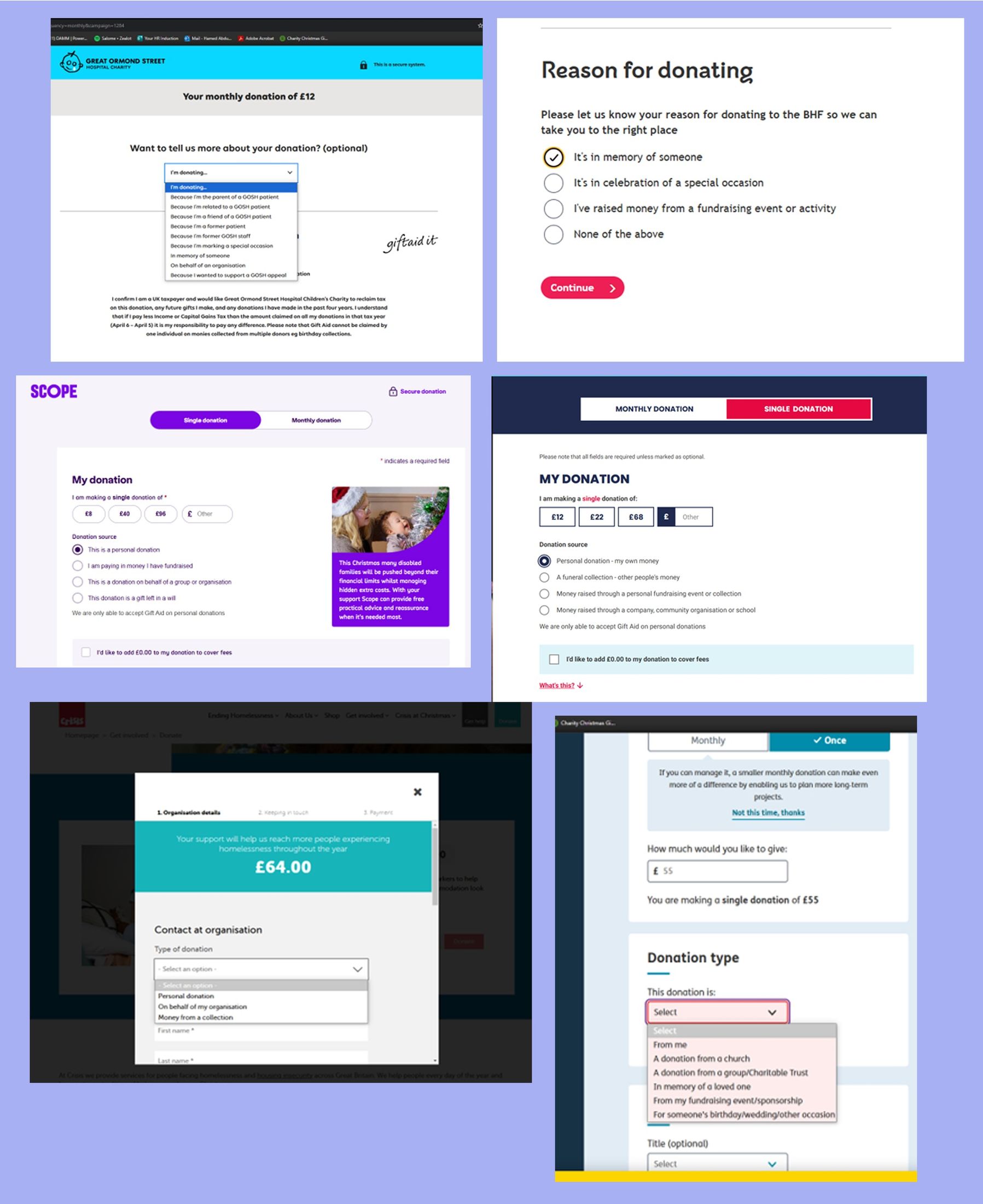 Competitor analysis of donation-reason interfaces from Great Ormond Street Hospital, British Heart Foundation, Scope, Crisis and other UK charities.