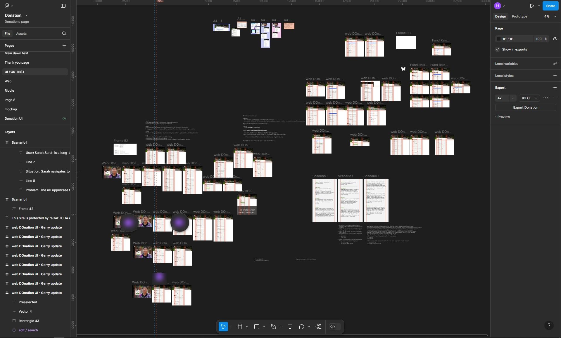Figma workspace overview showing the donation UI file organised by scenario, with prototype iterations, persona scenarios, and design variants laid out on the canvas.
