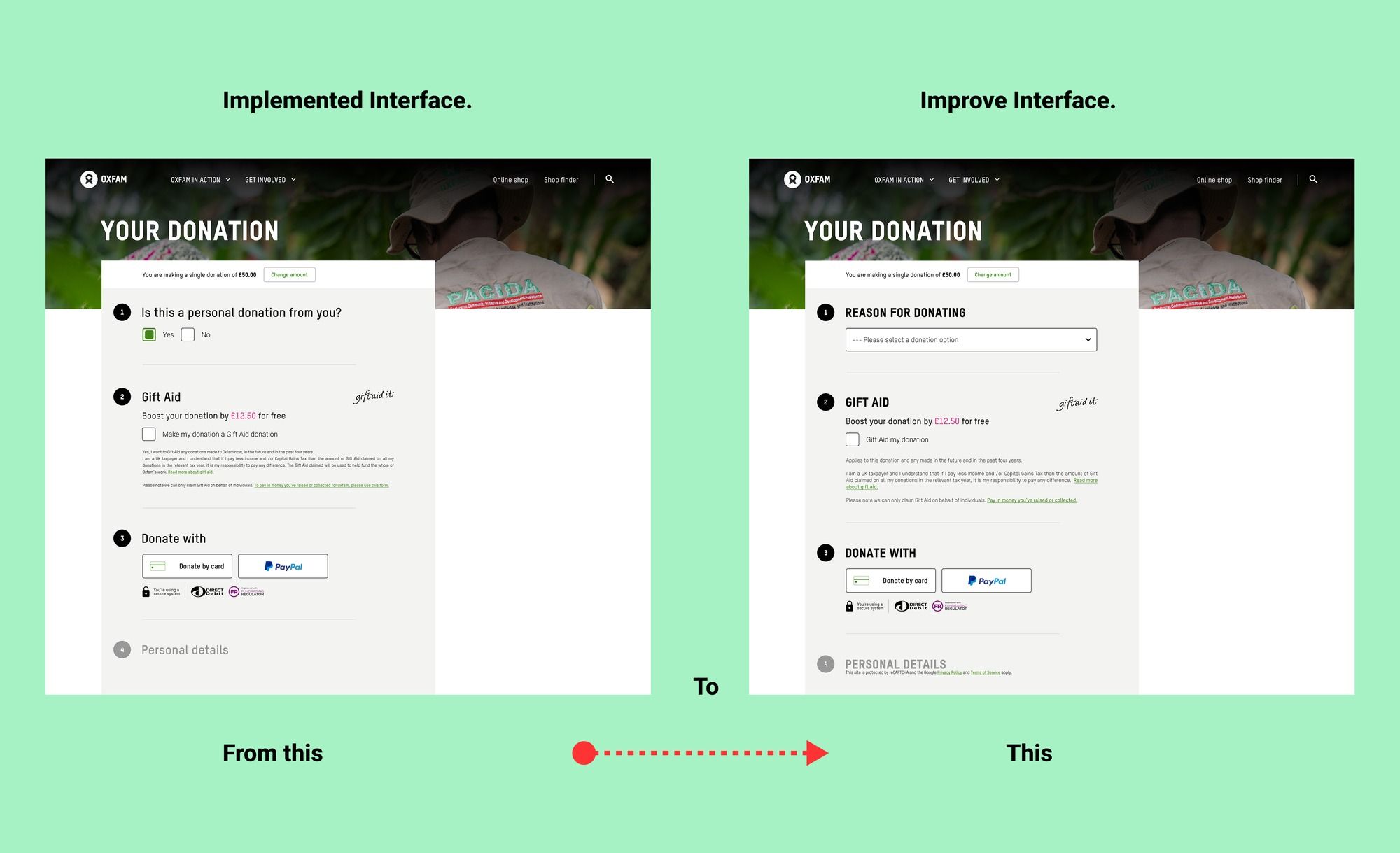 Comparison of the implemented interface, a preselected Yes/No toggle, against the improved interface, an unselected 'Reason for donating' dropdown.