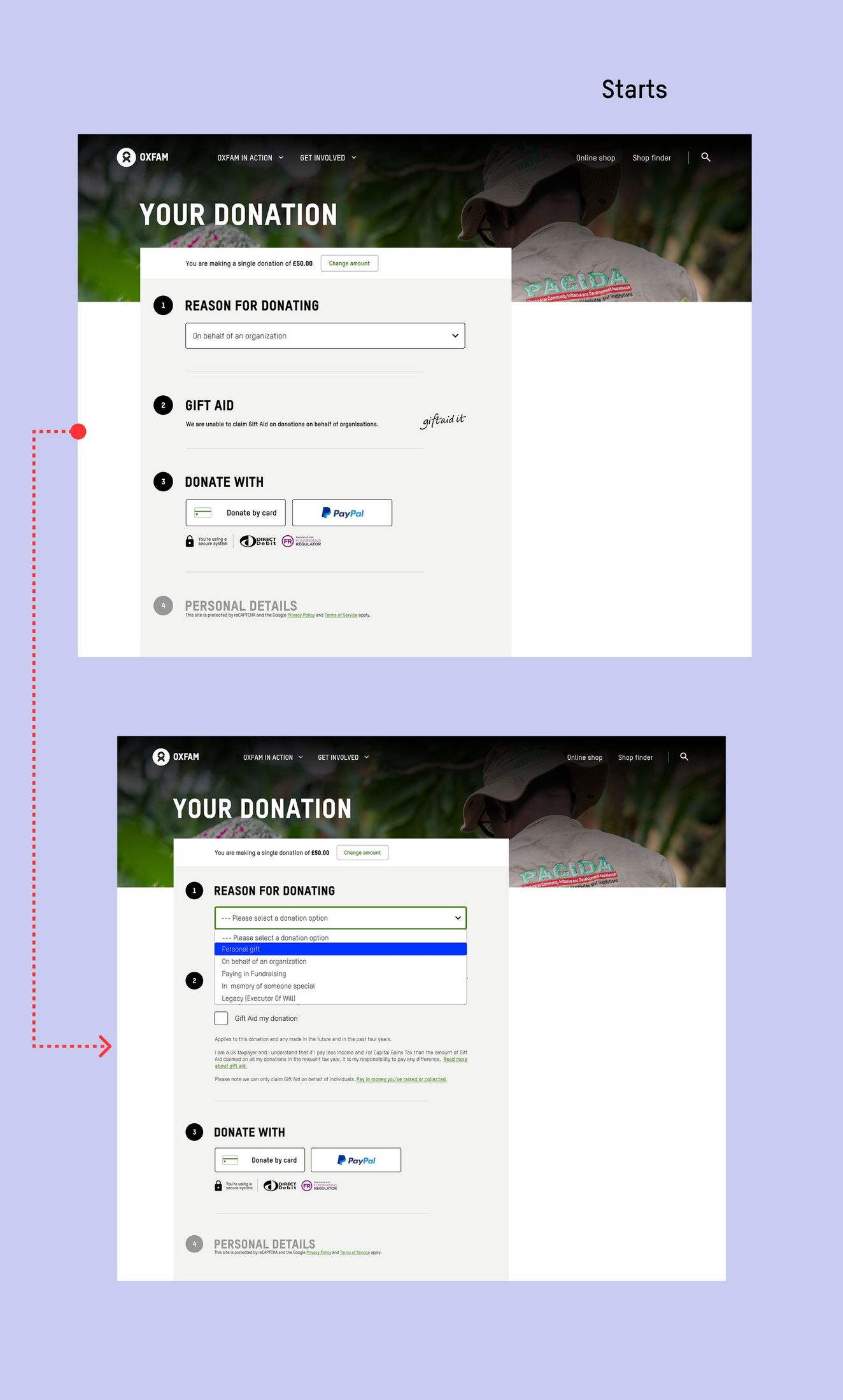 The improved donation form with the 'Reason for donating' dropdown open, listing personal gift, on behalf of an organisation, paying in fundraising, in memory of someone special, and legacy options.