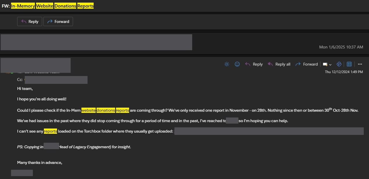 Internal email thread flagging that in-memory, website and donations reports had stopped coming through, with names and the internal folder link redacted.
