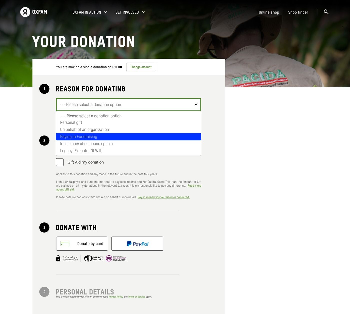 Redesigned dropdown open, listing personal gift, on behalf of an organisation, paying in fundraising, in memory of someone special, and legacy as equally visible options.