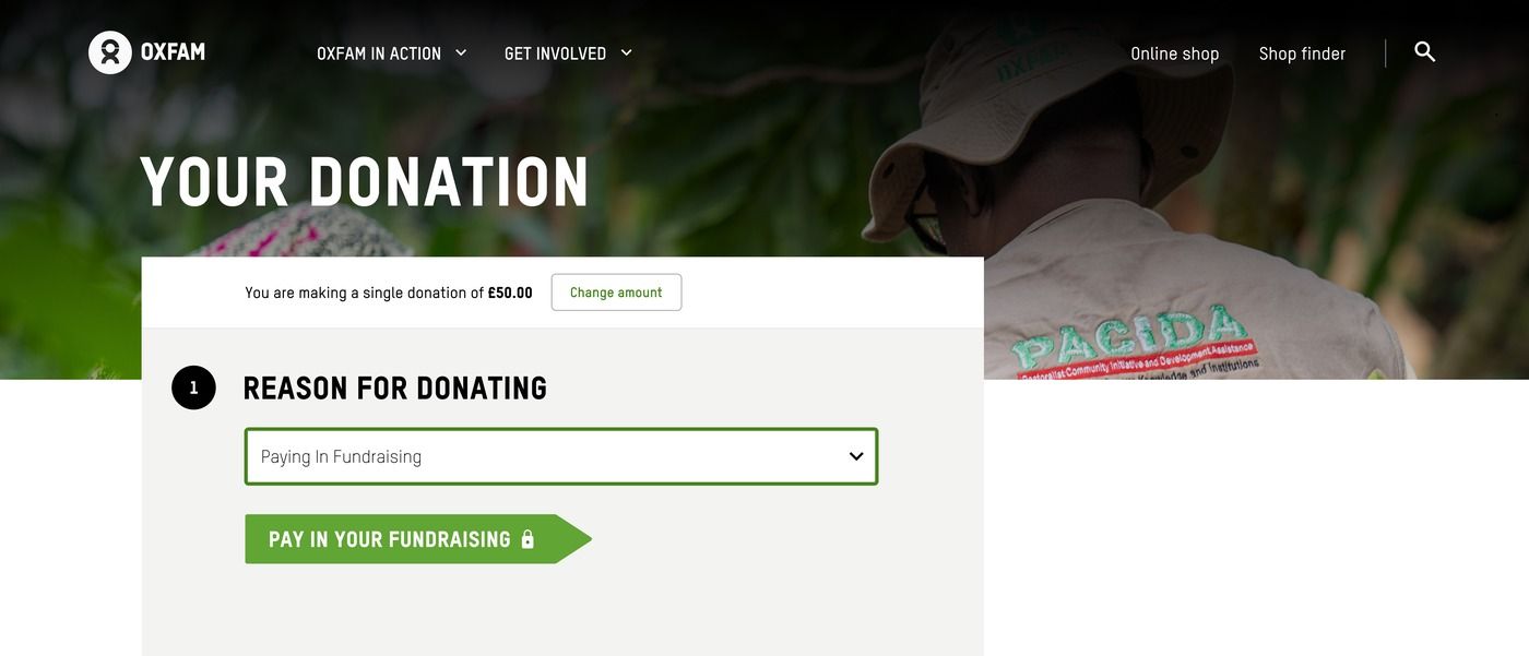 Redesigned form with 'Paying in Fundraising' selected, showing a dedicated 'Pay in your fundraising' call to action.