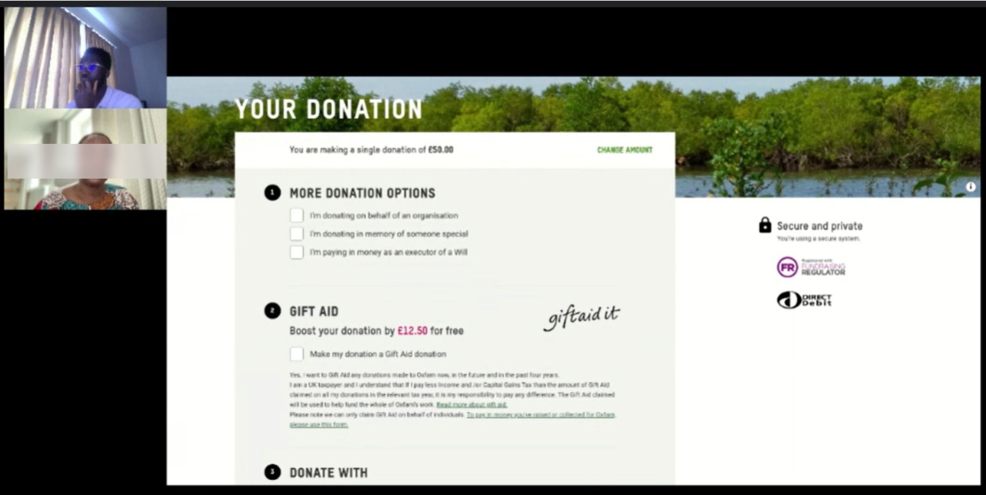 A moderated usability testing session over video call, walking a participant through the redesigned donation options.