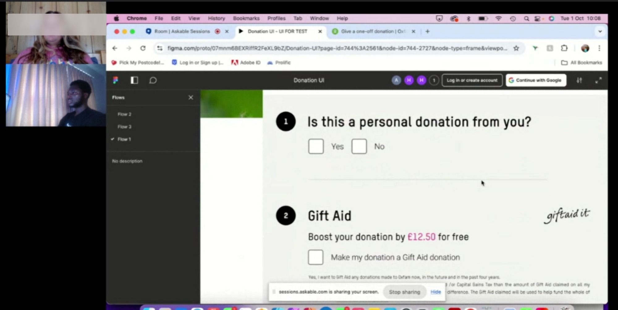 A moderated usability testing session over video call, with a participant navigating the Figma prototype live in ASKABLE.