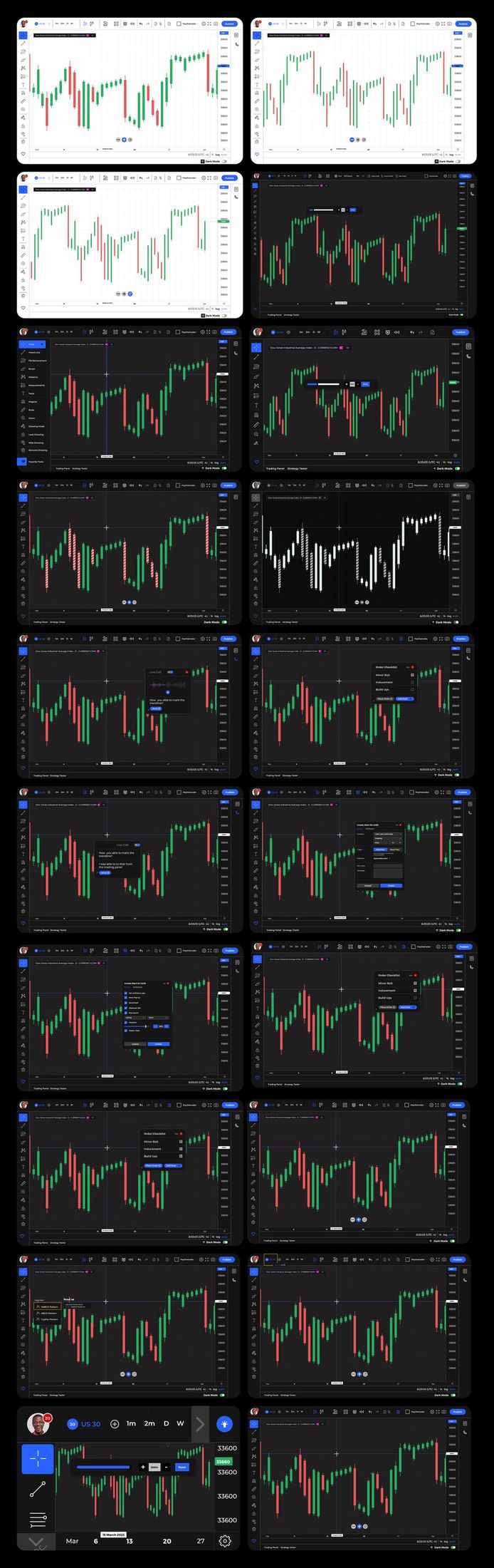 Overview grid of every desktop screen state in the redesigned trading platform, across light mode, dark mode and every accessibility feature.