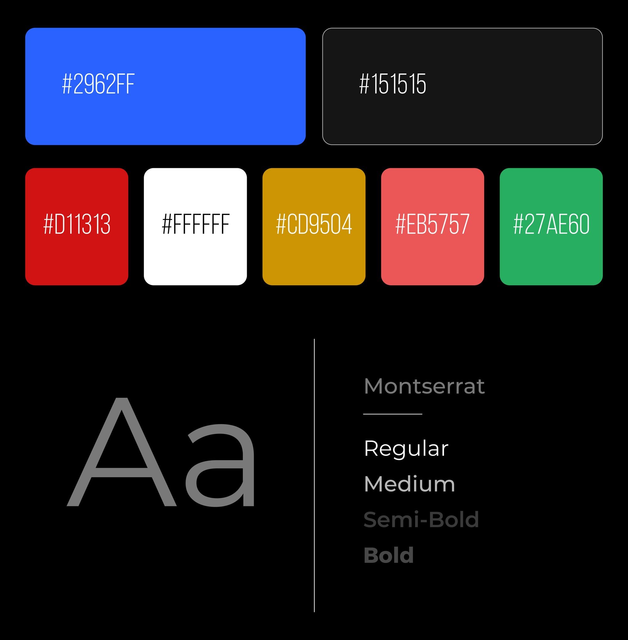 Trading platform colour system with WCAG 1.4.3-compliant contrast pairs, and Montserrat typography in regular, medium, semi-bold and bold weights.
