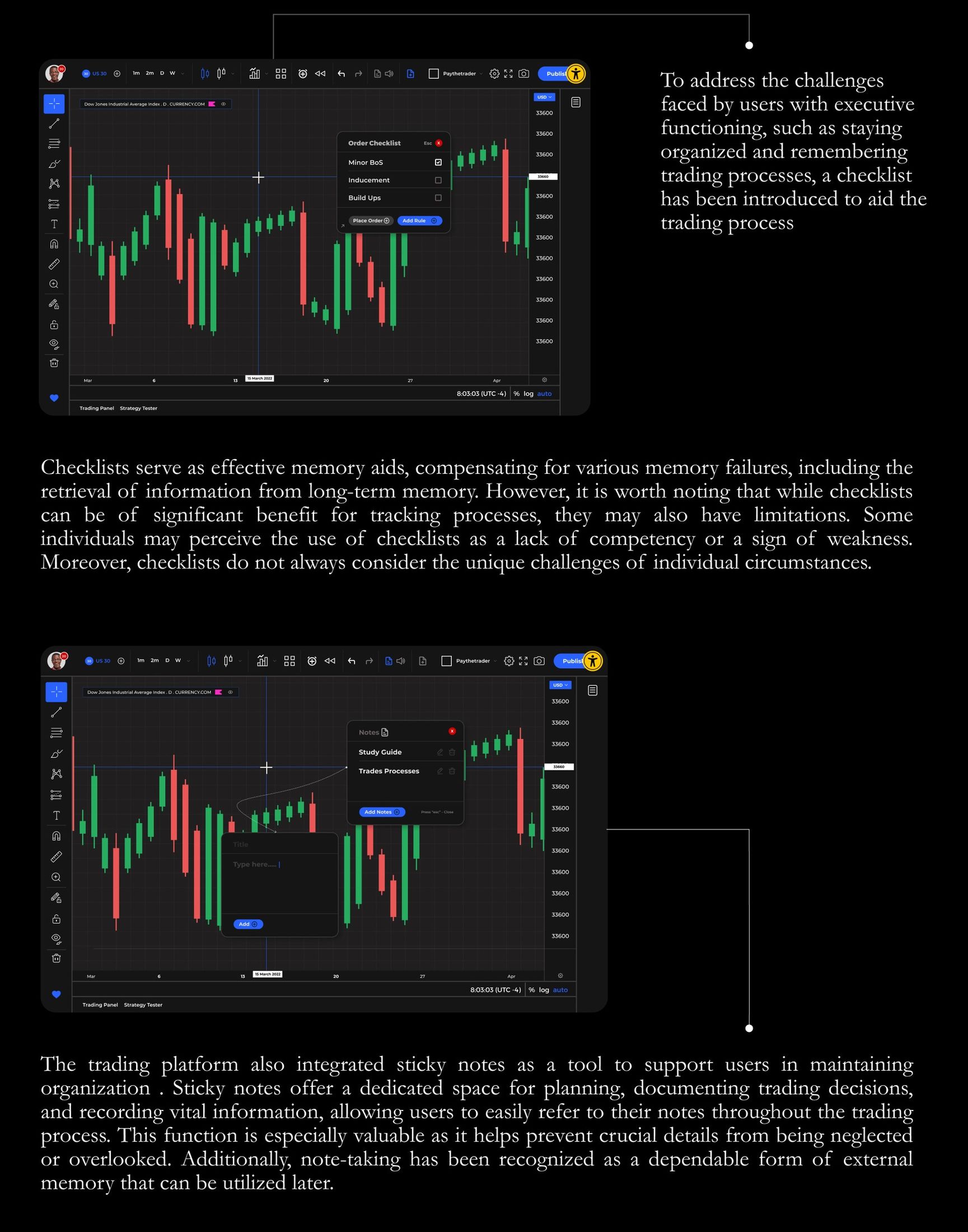 Accessibility features for traders with cognitive impairments: an order checklist for trade rules, and a sticky-notes tool for study guides and trade processes.