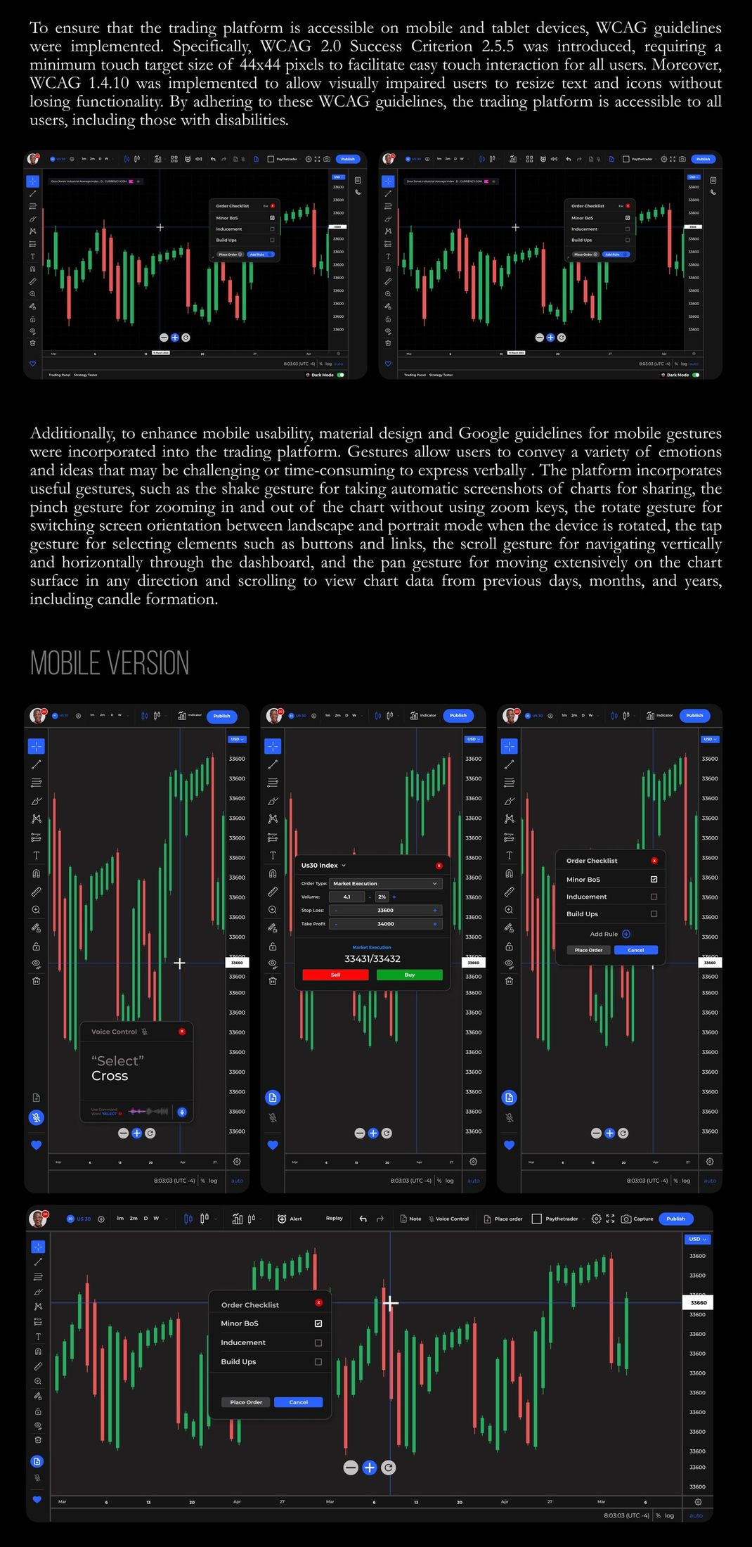 Multi-platform accessibility: 44x44px touch targets, resizable text and icons, and the mobile app showing voice control and order checklist features.