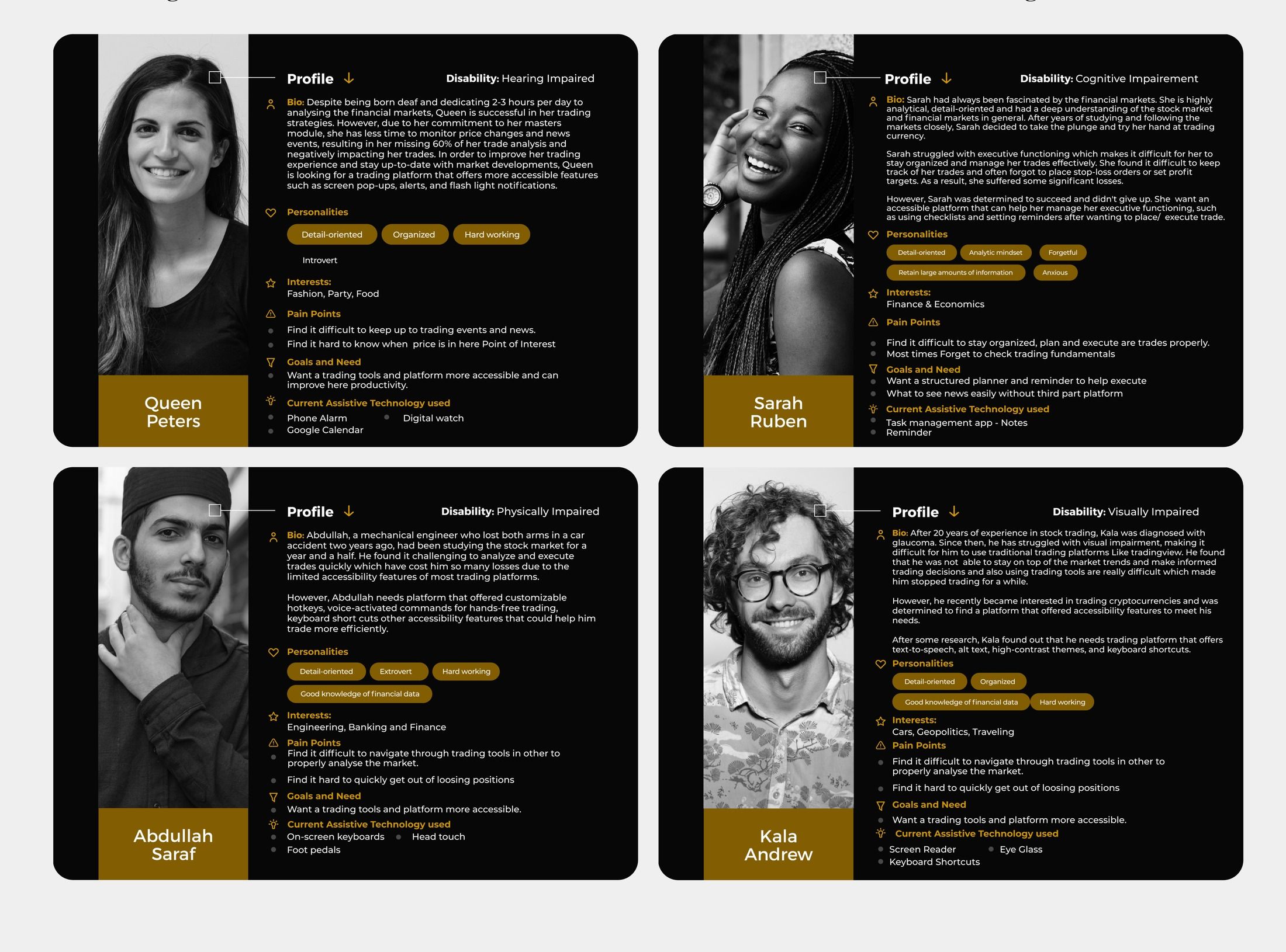 Four personas: Queen Peters (hearing impaired), Sarah Ruben (cognitive impairment), Abdullah Saraf (physically impaired), and Kala Andrew (visually impaired), each with bio, pain points, goals and assistive technology used.